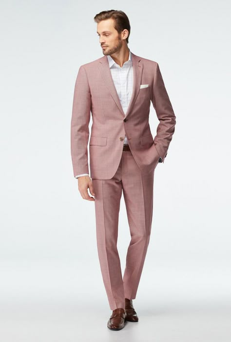 This colorful two-piece suit is made with 100% wool that's lightweight, soft, and luxurious. The muted red color is trendy and playful without feeling over the top—it's pretty much right on the money when it comes to summer wedding guest attire for men. - Click to shop directly from WeddingWire! Pink Suit Men, Wedding Guest Men, Wedding Guest Suits, Wedding Guest Outfit Inspiration, Summer Wedding Suits, Terno Slim, Muted Red, Mens Wearhouse, Summer Wedding Guests