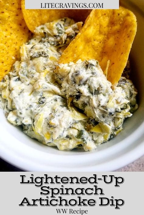 Lightened-Up Spinach Artichoke Dip is a skinny version of the classic dip that doesn't sacrifice the flavor. Lite Cravings, Huge Party, Healthy Snacks To Make, A Lot Of Food, Spinach Artichoke Dip, Artichoke Dip, Healthy Meals For Two, Spinach Artichoke, Healthy Appetizers