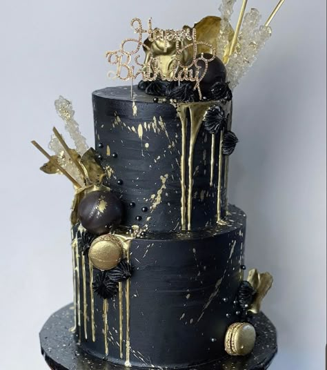 Black White Silver And Gold Birthday Cake, 18th Birthday Cake Gold And Black, 40th Black And Gold Cake, Black White And Gold 18th Birthday Cake, Grand Birthday Cake, Elegant Black Cakes Birthday For Women, Black And Gold 18th Birthday Cake, Black Gold Cake Ideas, Black And Gold Sweet 16 Cake