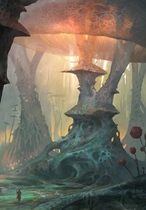 Mushroom World Art, Dnd Feywild Art, Mushroom World Drawing, Scifi Fantasy Aesthetic, Fantasy World Building Art, Fantasy Forest Concept Art, Underdark Art, Feywild Art, Fantasy World Drawing