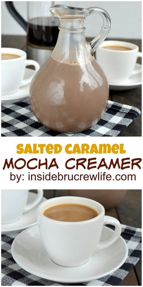 Salted Caramel Mocha Creamer - this homemade coffee creamer has salted caramel and mocha flavors in it. Great copycat recipe for the popular store bought creamer. Flavored Coffee Recipes, Mocha Creamer, Homemade Coffee Creamer Recipe, Diy Coffee Creamer, Flavored Coffee Creamer, Homemade Coffee Creamer, Salted Caramel Mocha, Coffee Creamer Recipe, Creamer Recipe