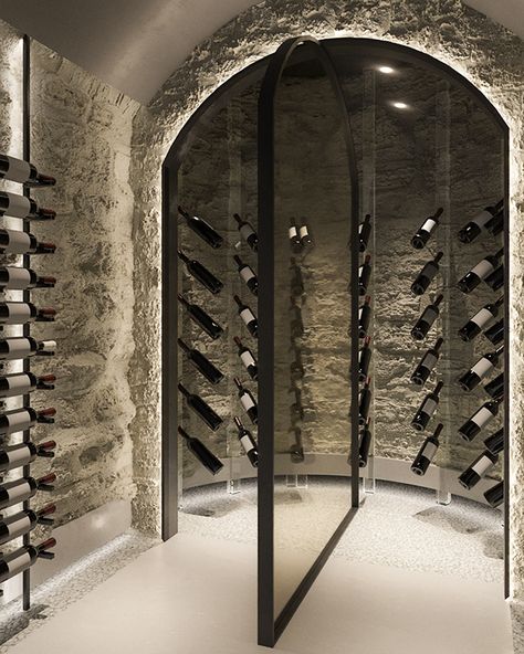 wineRACK on Behance Spanish Wine Bar Design, Wine Bar Interior, Wine Cabinet Design, Wine Shop Interior, Wine Wall Display, Cave Design, Pebble Floor, Wine Cave, Home Wine Cellars