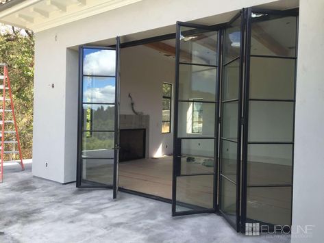 Custom Exterior Steel Bifold Doors | Euroline Steel Windows Industrial Bifold Doors, Bifold Steel Doors, Exterior Bifold Doors, Exterior Sliding Glass Doors Patio, Bifold Exterior Doors, Deur Makeover, Bifold Doors Makeover, Bi Fold Doors, Bifold Patio Doors