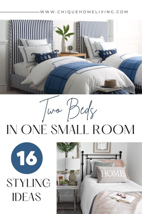 Double Bed And Single Bed In One Room, Small Room With 2 Twin Beds Ideas, 2 Twin Beds In Small Room Decor, Twin Bed Styling Guest Bedrooms, Guest Bedroom Ideas 2 Full Beds, Coastal Guest Bedroom Twin Beds, Twin Beds In Front Of Windows Ideas, Guest Bedroom Ideas With Twin Beds, Two Twin Bed Ideas For Small Room