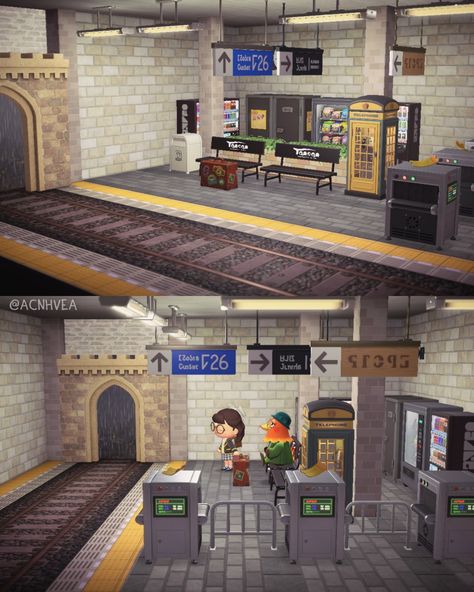 Animal Crossing Happy Home Paradise Anticipation Station Animal Crossing Train Station Entrance, Acnh Sewer Design, Animal Crossing Shopping District Ideas, City Ideas Animal Crossing, New York Animal Crossing, Acnh 7 Eleven Code, Acnh Building Design Code, Acnh Abandoned Train Station, Acnh City Apartment