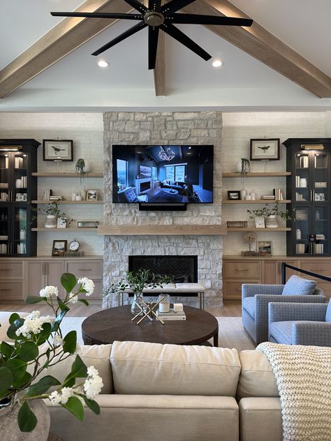 Comfy Living Room With Tv, Large Comfy Living Room, Modern Farmhouse Living Room Tv Wall, House Inspo Interior Design Living Rooms, Living Room Big Tv, Big Living Room Ideas, Collage House, Home Interior Design Living Room, Vaulted Ceiling Living Room