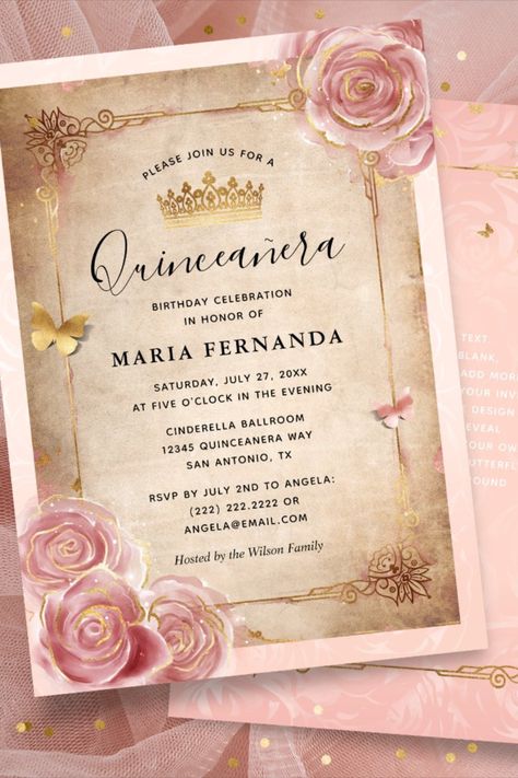 Blush Pink Watercolor Rose Gold Quinceanera Invitation! #birthday #happybirthday #birthdaycards #birthdayparty #floral #elegant #Quinceanera Gold Quinceanera Invitations, Rose Gold Quinceanera, Invitations Quinceanera, Butterfly Confetti, Quince Invitations, Quinceanera Invitation, Creative Invitations, Winter Fairy, Rose Pale