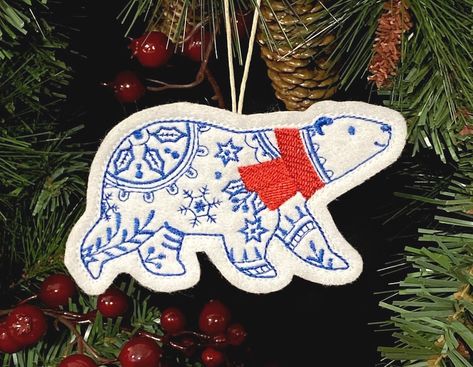 Winter Polar Bear Ornament Embroidered on White Felt With Blue - Etsy Folk Art Designs, Elegant Holiday Decor, Polar Bear Ornaments, Fox Ornaments, Silver Christmas Decorations, Polar Bear Christmas, Gingerbread Ornaments, Felt Christmas Decorations, Ornament Pattern