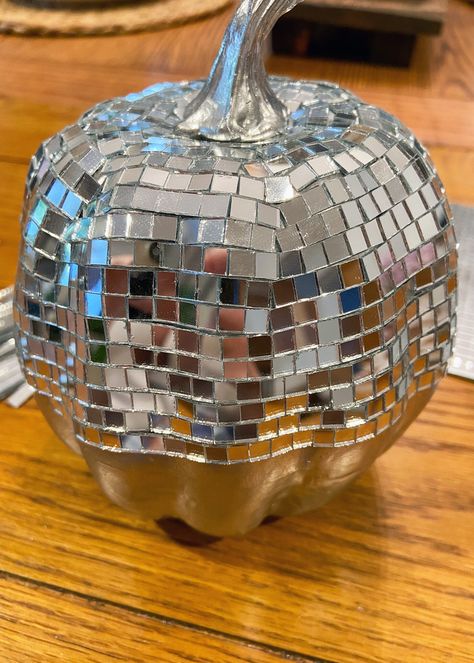 HOW TO DIY DISCO PUMPKINS - It's Me, ChristyB Disco Pumpkin, Pumpkin Show, Silver Spray Paint, Faux Pumpkins, Disco Balls, Mirror Tiles, Thanksgiving Crafts, I Did It, Disco Ball