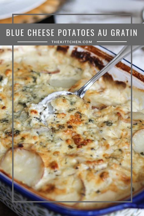 Blue Cheese Potatoes Au Gratin | This Blue Cheese Potatoes Au Gratin is amazing enough to deserve a spot on your table on #Thanksgiving. Blue Cheese Potatoes Au Gratin, Holiday Potatoes, Potatoes Thanksgiving, Cheese Gratin, Steak Night, Blue Cheese Recipes, Potato Side Dish, Holiday Dishes, Creamed Potatoes