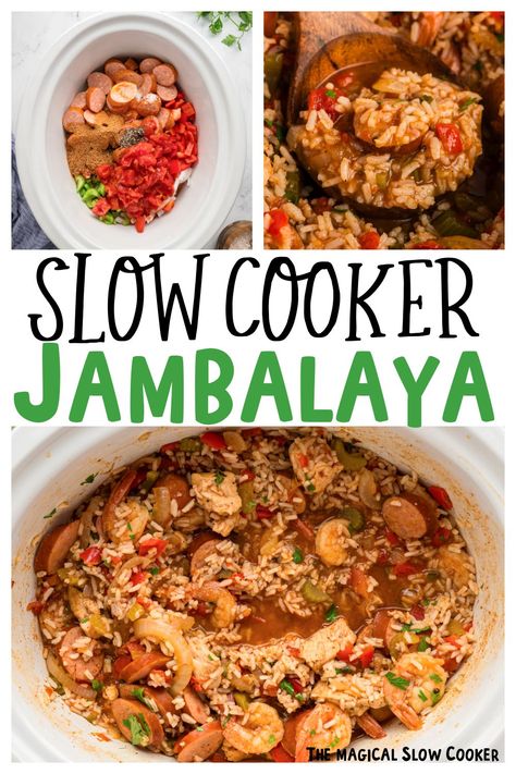 Slow Cooker Jambalaya Jumbalaya Slow Cooker Easy, Chicken Shrimp Sausage Jambalaya, Simple Jambalaya Recipe, Pasta Jambalaya Recipe, Crockpot Jambalaya Recipe, Slow Cooker Jambalaya Recipe, Jambalaya Recipe Crockpot, Crockpot Jambalaya, Sausage Jambalaya Recipe