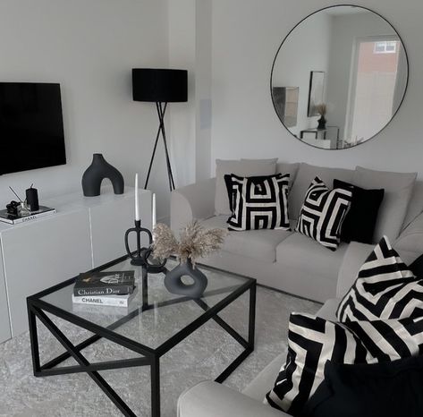 Home Decor Ideas For Condos, Black Living Room Accessories, White And Grey House Aesthetic, Grey Black And Teal Living Room, Living Room Inspo Black And White, Living Room Decor White And Black, White And Black Apartment Decor, Apartment Living Room Decor On A Budget, Light Grey Couch Aesthetic