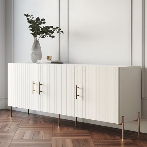 Transform the classic white sideboard from IKEA (called Besta), with the Astrid doors in a matching White Lace with brass hardware. White Sideboard Ikea, White Sideboard Living Room, Cream Sideboard, Hardware For White Cabinets, Credenza Ikea, Modern White Sideboard, Console For Living Room, Sideboard White, Sideboard Decor