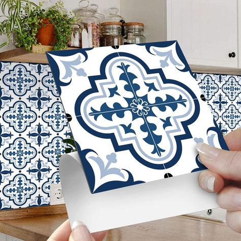 Peel And Stick Kitchen, Bathroom Tile Stickers, Tile Backsplash Bathroom, Stick Tile Backsplash, Diy Wall Decals, Blue Backsplash, Tile Stickers, Wood Burning Patterns, Tile Decals