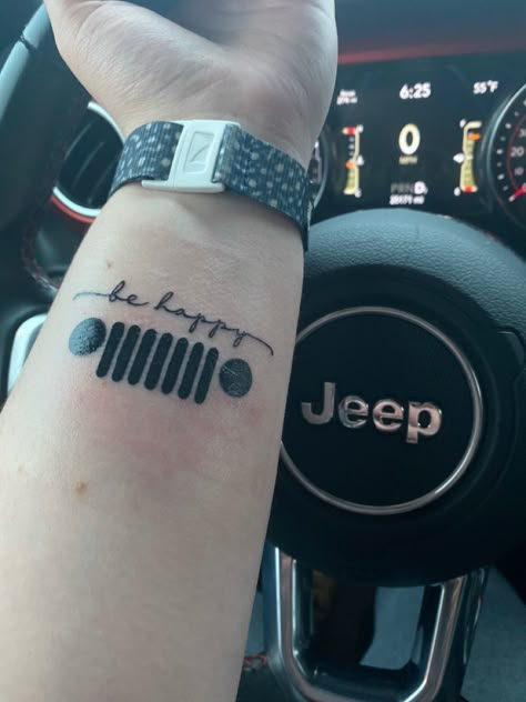 #jeeplife #jeep #behappy #tattoo Jeep Logo Tattoo, Jeep Wrangler Tattoos For Women, Small Jeep Tattoos For Women, Small Jeep Tattoo, Jeep Tattoo Ideas For Men, Jeep Grill Tattoo, Jeep Wrangler Tattoo, Jeep Nails Designs, Wrangler Tattoo