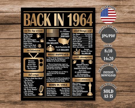 What Happened in 1964, 60 Years Ago Back in 1964, 60th Birthday Sign, Gold 1964 Poster, 60th Anniversary Poster Printable Digital Download - Etsy 30th Birthday Sign, 41st Anniversary, Anniversary Poster, 41st Birthday, 45th Birthday, 60 Years Ago, 35th Birthday, 65th Birthday, 25th Birthday