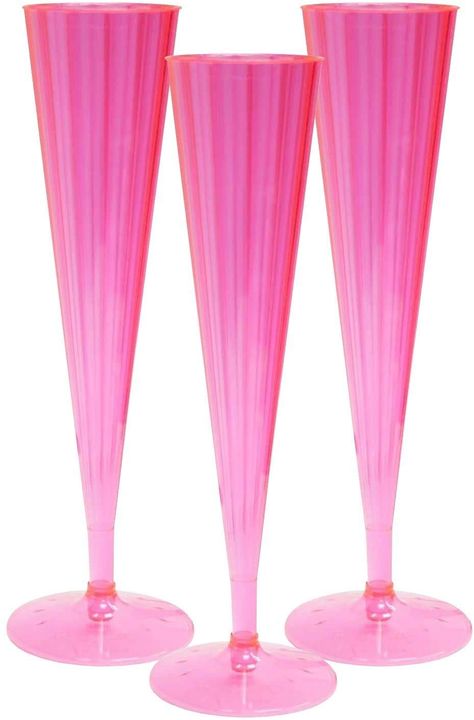 PRICES MAY VARY. Our pack of 20 neon pink 2-piece champagne flutes is designed to hold 5 ounces of your preferred sparkling beverage. These flutes exude vibrant colors that remain eye-catching whether or not a black light is present. With its convenient two-piece design, you can easily detach the stem for effortless storage and transport. Sip in style and enjoy the convenience of a disposable option without compromising on elegance. Embodying a timeless stemware silhouette, these champagne flute Bachelorette Pool Party, Plastic Champagne Flutes, Stemless Champagne Flutes, Plastic Dinnerware, Pink Cups, Party Essentials, Pink Plastic, Pink Parties, Champagne Glasses