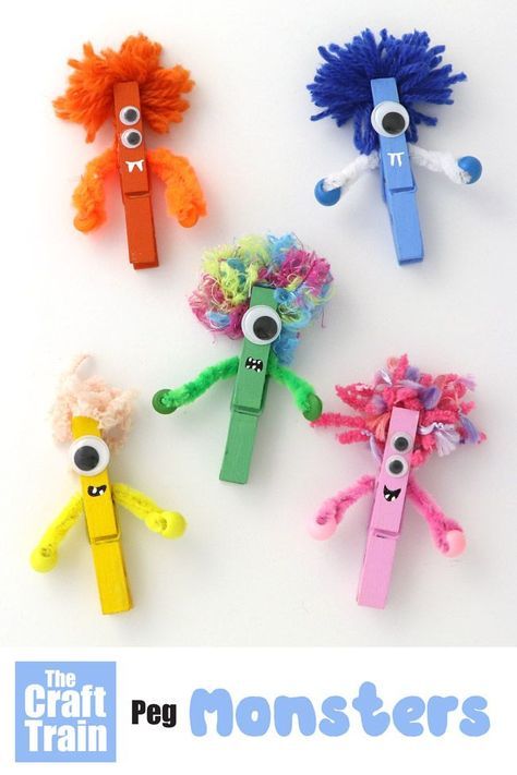 Peg monster craft for kids. Paint pegs and decorate to look like monsters for Halloween – so cute! Love their fluffy yarn hair. #monsters #monstercraft #kidscraft #halloween #monster #clothespincraft #pegcraft #pegs #thecrafttrain Easy Kid Art Projects, Halloweenpyssel Barn, Kerajinan Diy, Monster Craft, Bathroom Upgrade, Diy Pom Pom, Clothes Pin Crafts, Halloween Crafts For Kids, Kids' Crafts