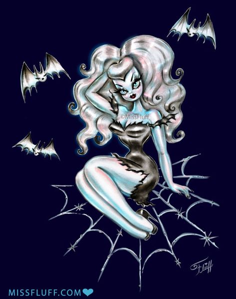 Miss Fluff's Blog - The Art of Claudette Barjoud, a.k.a Miss Fluff Pinup Embroidery, Vampire Glamour, Rockabilly Artwork, Spider Web Art, Glamour Ghoul, Spooky Dolls, Vampire Doll, Creepy Kawaii, Girly Goth