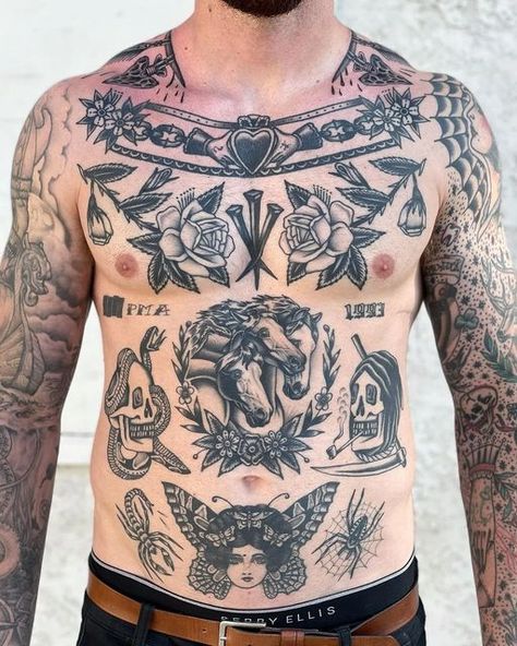 Full Body Traditional Tattoo Men, Traditional Front Piece Tattoo, Men’s Traditional Chest Piece, Irezumi Chest Tattoo, Traditional Torso Tattoos, Male Sternum Tattoo, Trad Stomach Tattoo, American Trad Back Tattoo, Old School Chest Tattoo Men