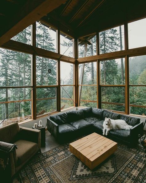 Cabin With Huge Windows Surrounded By Forest Views, Bowen Island In Howe Sound, British Columbia, Canada Vaulted Ceiling Living Room, Dining Room Cozy, White Bathroom Tiles, Forest View, Huge Windows, Big Windows, Cabin In The Woods, Forest House, Best Interior Design