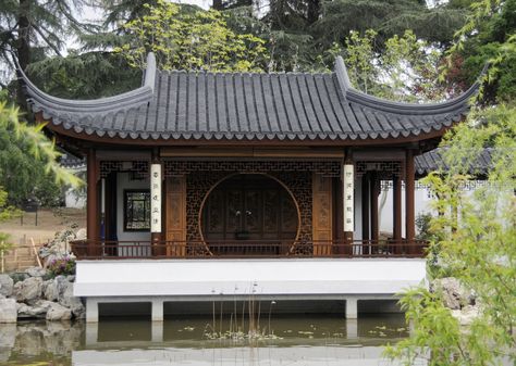 Chinese Pagoda on Lake Edge by AndySerrano Japanese House Drawing, Tea House Design, Chinese Roof, Chinese Buildings, Restaurant Exterior Design, Bali Style Home, Chinese Pagoda, Dream House Aesthetic, Asian House