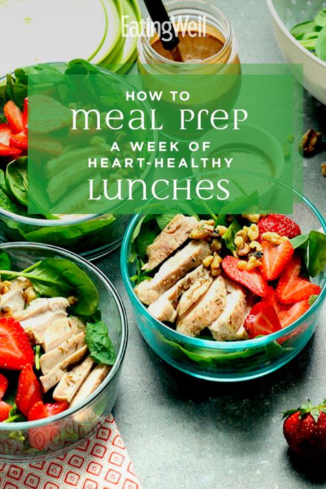 Check out our best tips for building a heart-healthy meal, then show your heart some love by trying one of our step-by-step meal-prep plans to make a week's worth of delicious and satisfying lunches. #mealplan #mealprep #healthymealplans #mealplanning #mealplanideas #healthyrecipes Heart Healthy Meal Prep Recipes, Heart Health Meal Prep, Heart And Liver Healthy Recipes, Low Cholesterol Lunch Meal Prep, Heart Healthy Weekly Meal Plan, Heart Healthy Lunches On The Go, Heart Healthy Work Lunches, Make Ahead Heart Healthy Meals, Easy Heart Healthy Lunches