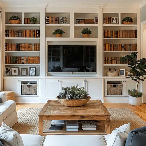 Bookshelves In Living Room With Tv, Room With Bookshelves, Living Room With Tv, Room With Tv, Living Room Bookshelf, Sophisticated Living Room, Floor To Ceiling Bookshelves, Fireplace Bookshelves, Townhouse Interior