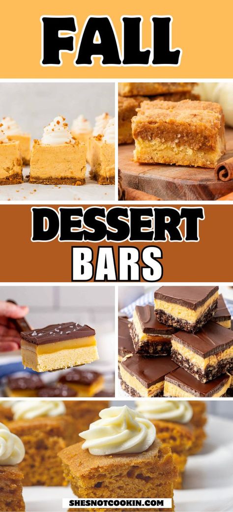 Fall dessert bars recipes photo collage with text overlay. Best Desserts For A Crowd Parties, Fall Treats For Neighbors, Easy Dessert Ideas For A Crowd, Dessert For 200 People, Easy Fall Bar Recipes, Fall Dessert For Party, Fall Desserts For A Party, Work Potluck Desserts, Easy Delicious Baked Goods