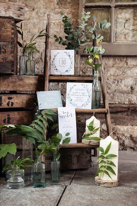 Display greens on a vintage ladder for a rustic look. Greenery Wedding Decor, Foliage Wedding, Organic Candles, Boda Mexicana, Organic Wedding, Whimsical Wonderland Weddings, Botanical Wedding, Woodland Wedding, Rustic Wedding Decor