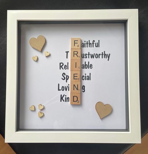 Personalised Scrabble Art, can be personalised with any names and wording. These are made in 8x8 inch box frames and are available in a choice of White, Grey, Wood or Black frame. Scrabble pieces are available in Wood or Grey. If colour is not specified they will be standard in Wood tiles. All other writing can be done in any colour of your choice but will come as standard in black. Please let me know any wording you would like and any other preferences.  If you would like to see how it will loo Scrabble Tile Crafts Diy, Friendship Ideas, Scrabble Letter Crafts, Scrabble Tile Art, Scrabble Tile Crafts, Scrabble Crafts, Scrabble Tile Wall Art, Scrabble Tiles Wall, Scrabble Wall Art