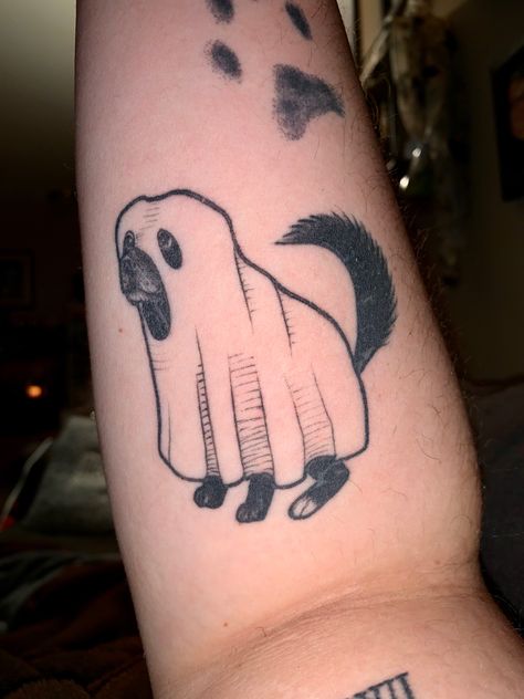 My dog Ellie tattooed on my arm. She has a white sheet over her so she looks like a classic ghost. Dog Ghost Tattoo Ideas, Ghost With Legs Tattoo, Spooky Dog Tattoo, Halloween Dog Tattoo, Skeleton Dog Tattoo, Dog Skeleton Tattoo, Dead Dog Tattoo, Ghost Dog Drawing, Ghost Dog Tattoo