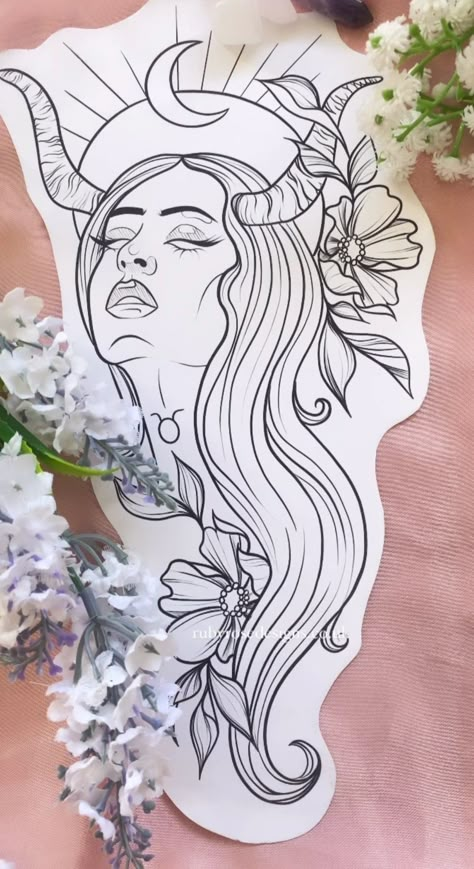 Goddess Tattoo Design Taurus, Taurus Leg Tattoo For Women, Aries Goddess Tattoo For Women, Freya Goddess Tattoo, Female Face Tattoo Design, Capricorn Goddess Tattoo, Capricorn Tattoo For Women, Taurus Goddess Tattoo, Inner Bicep Tattoo Women