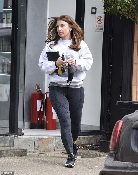 Pampering session: Coleen Rooney showed off her luscious brunette locks after having a blow dry at the hairdressers in Cheshire on Tuesday Grey Gym Leggings, Coleen Rooney, First Instagram Post, Jamie Vardy, Strictly Come Dancing, Black Trainers, Girl Celebrities, Gym Leggings, Blow Dry