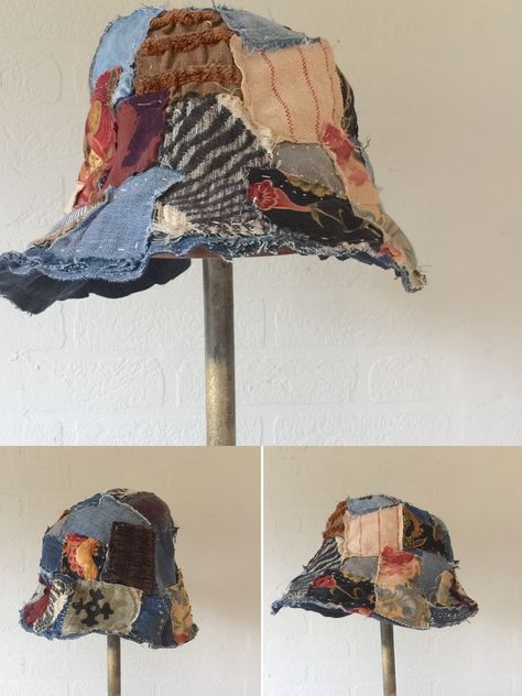 Tattered upcycled hat | itzachicthing Upcycled Hats, Patchwork Hat, Sewing Hats, Clothing Upcycle, Funky Hats, Hat Patterns To Sew, Women Hats Fashion, Denim Ideas, Denim Hat