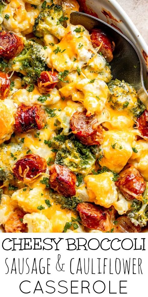 This Cheesy Broccoli, Sausage & Cauliflower Casserole is a creamy low-carb dinner made with smoked sausage and hearty vegetables. An easy, quick, and delicious meal! #cauliflower #lowcarb #sausagebake #broccolicasserole Sausage Cauliflower Casserole, Sausage Cauliflower, Broccoli Sausage, Sausage And Broccoli, Smoked Sausage Recipes, Broccoli Bake, Cheesy Broccoli, Low Carb Casseroles, Cheesy Casserole