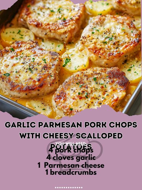 🌟 Elevate your dinner with Garlic Parmesan Pork Chops and Cheesy Scalloped Potatoes! 🍽️ Garlic Parmesan Pork Chops with Cheesy Scalloped Potatoes Ingredients: - 4 pork chops - 4 cloves garlic (minced) - 1/2 cup grated Parmesan cheese - 1/4 cup breadcrumbs - 1/4 cup olive oil - Salt and pepper to taste For Cheesy Scalloped Potatoes: - 4 large potatoes (sliced) - 2 cups shredded cheddar cheese - 1 cup heavy cream - 2 cloves garlic (minced) - 1/2 cup grated Parmesan cheese - Salt and pepper t... Garlic Parmesan Pork Chops With Scalloped Potatoes, Garlic Parmesan Pork Chops With Cheesy Scalloped Potatoes, Garlic Parmesan Pork Chops And Cheesy Scalloped Potatoes, Cheesy Garlic Scalloped Potatoes, Scalloped Potatoes And Pork Chops, Pork Chops And Scalloped Potatoes, Side Dishes For Pork Chops, Pork Chops With Scalloped Potatoes, Season Pork Chops