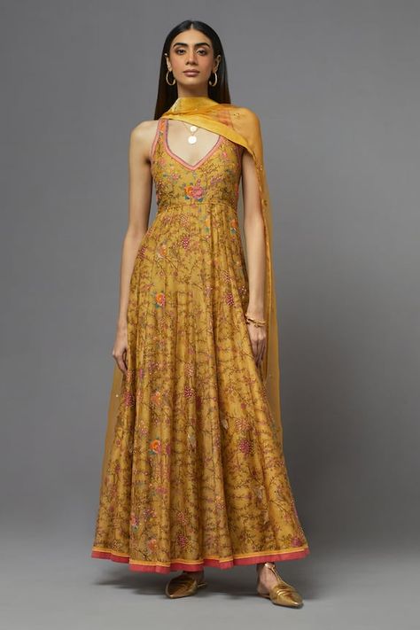 Yellow silk anarkali with floral and thread embroidery. Comes with a dupatta. - Aza Fashions Arangetram Guest Attire, V Neck Dress Indian, Yellow Floral Anarkali, Yellow Sleeveless Kurti, Kerala Christian Bridesmaid Dresses, Unique Anarkali Designs, Anarkali Dress Sleeveless, Aesthetic Suit Woman Indian, Casual Indian Suits