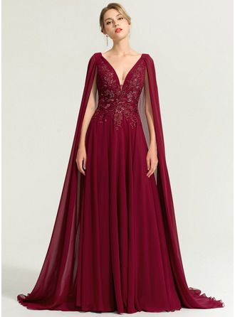 A-Line V-neck Floor-Length Chiffon Wedding Dress With Sequins (002207442) - JJ's House Wedding Dress Silhouette, Lace A Line Dress, Floor Length Wedding Dress, Dress Train, Wedding Dress Sequin, Dress With Sequins, Sequin Wedding, Chiffon Wedding Dress, Wedding Dress Chiffon