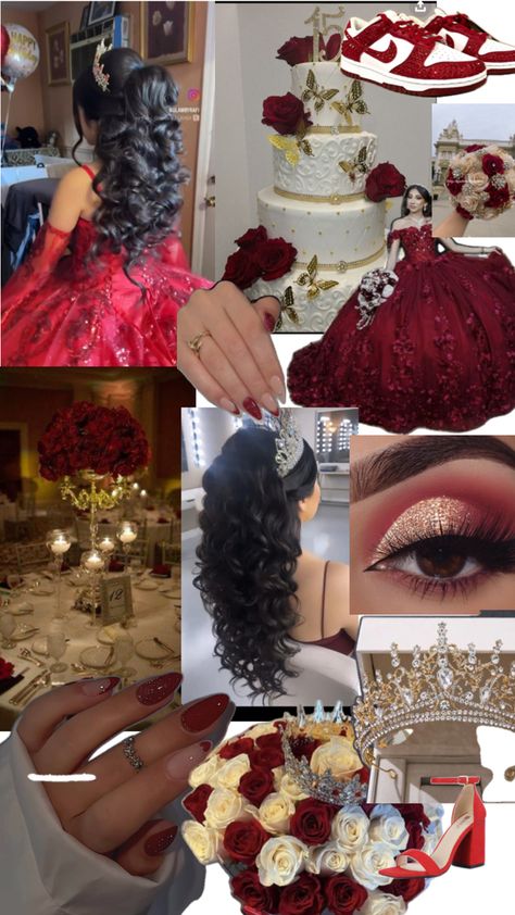 Quince Ideas Red And Gold, Royal Quinceanera Theme Red, Quinceanera Red Decorations, Red Quinceanera Makeup Looks, Quince Decorations Red And Black, Quince Venue Ideas Red, Quince Themes Red, Red Quinceanera Theme Ideas, Red Quinceanera Makeup