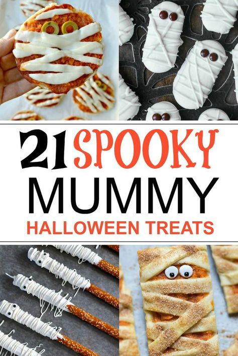 Make these easy Mummy Halloween Finger Foods for a spooktacular party. I love easy Halloween themed food that works well for kids and adults. All of these mummy food recipes are easy to make at home and they are a mix of savory and sweet finger food ideas perfect for Halloween parties. Halloween Popper Mummies, Halloween Mummy Appetizers, Mummy Themed Snacks, Mummy Theme Party, Mummy Party Ideas, Halloween Mummy Food, Mummy Themed Food, Egyptian Themed Party Food, Halloween Finger Food Ideas For Parties