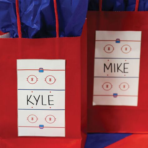 Hockey Swag Bags, Hockey Tournament Goodie Bags, Hockey Goodie Bag Ideas, Hockey Tournament Ideas Goodie Bags, Hockey Swag Bag Ideas, Hockey Treat Bags, Hockey Swag, Hockey Birthday Parties, Party Goodie Bags