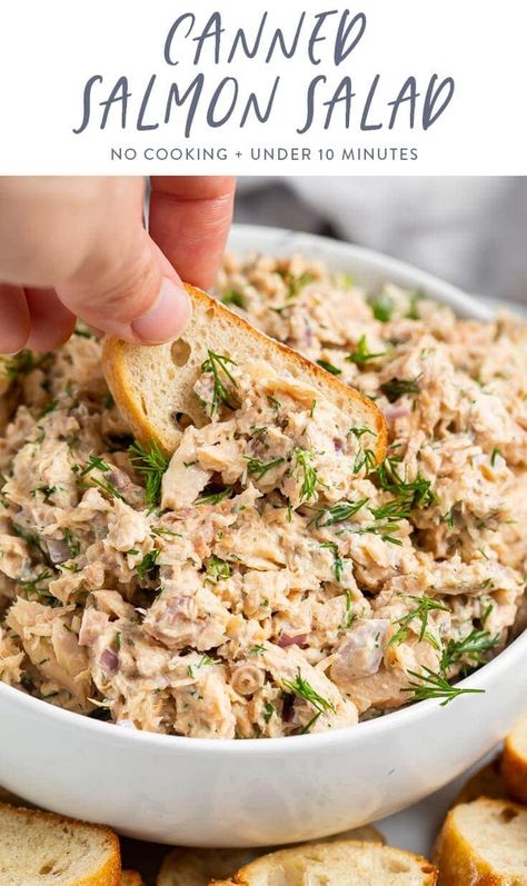 This salmon salad is shockingly good! It's made from canned salmon, fresh dill, creamy mayo, and other ingredients that give this salmon salad or dip smoky, sweet, slightly citrusy flavors. This recipe is easy to make, cheap, and budget and pantry friendly, and the salmon does NOT taste canned! You can serve it as a sandwich, on leafy greens, or with crackers or toasts as a dip. #easyappetizer #mealprep #salmon #pantrystaples Mediterranean Canned Salmon Recipes, Can Of Salmon Recipes, Can Salmon Recipes, Canned Salmon Salad, Salmon Salad Recipe, Stomach Diet, Salmon Soup, Packed Meals, Canned Salmon Recipes