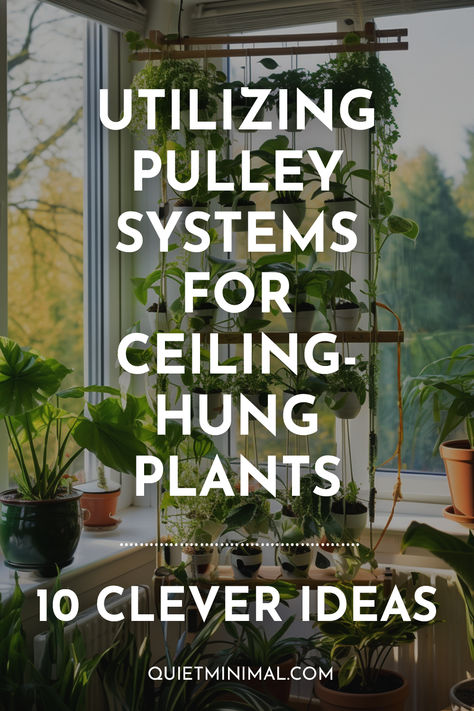 Pulley Systems for Ceiling Plants: Easy Maintenance Solutions - Quiet Minimal Pulley Plant Hanger Diy, Plant Pulley System Diy, Hanging Plants From Vaulted Ceilings, Pulley System For Plants, Ceiling Plants Hanging, Plant Pulley System, Ceiling Plants, Loft Plants, Plant Pulley