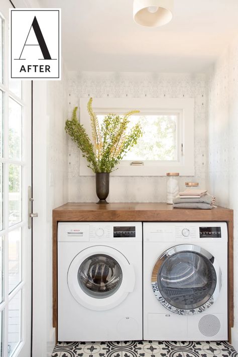 Laundry Bathroom Combo, Deep Closet, Small Laundry Room Makeover, Bathroom Laundry Room, Laundry Room Bathroom, Farmhouse Laundry Room, Laundry Room Remodel, Small Laundry Rooms, Small Laundry Room