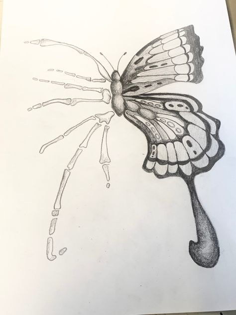 Half Butterfly Half Bones, Bones Butterfly Tattoo, Stomach Meet Butterflies Drawing, Gcse Art Butterflies, Gcse Butterfly Art, Sketchbook Ideas Butterfly, Butterfly Bones Tattoo, Skeleton Butterfly Drawing, Trippy Butterfly Drawing