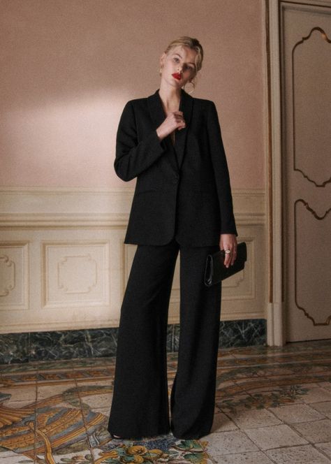 Camillo Trousers - Black - Recycled viscose - Sézane Wedding Guest Suits, French Beauty, Swimwear Dress, Knitwear Dress, Tailored Jacket, Black Suits, Short Jacket, Mode Inspiration, High Waisted Trousers