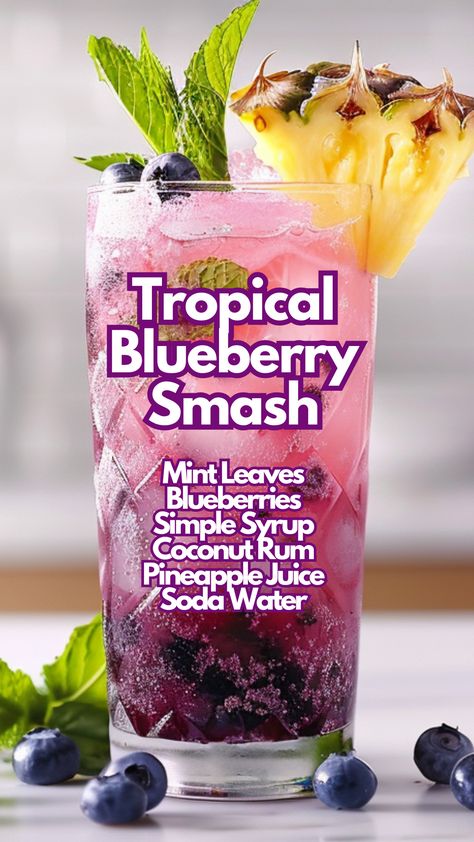 If you are craving for a refreshing and fruity drink, the Tropical Blueberry Smash is a perfect mix of blueberry, mint, and lime with a splash of coconut rum and pineapple juice. This cocktail is topped with soda water, creating a perfect balance of sweetness and fizz. Garnish with fresh fruit and mint for an eye-catching presentation. #tropicalblueberrysmash via @mybartender Fresh Cocktails Summer Drinks, Blueberry Cocktails, Rum And Pineapple Juice, Coconut Rum Cocktails, Blueberry Drink, Frozen Mixed Drinks, Coconut Rum Drinks, Fruity Mixed Drinks, Resep Koktail