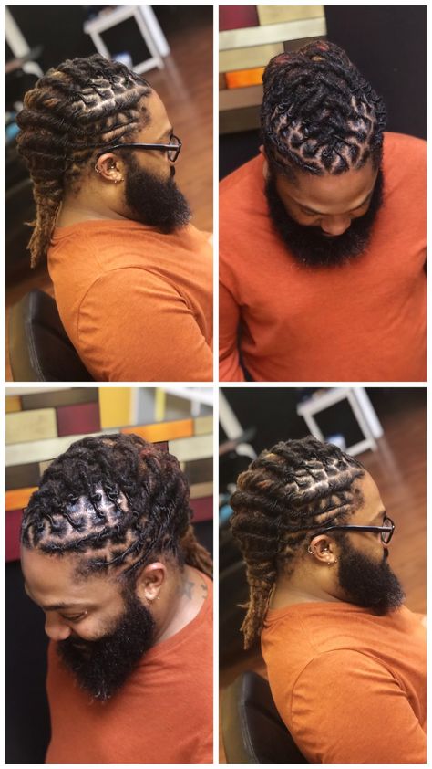 Male Loc Updo Styles, Mohawk Loc Styles For Men, Men Loc Styles For Wedding, Halo Loc Styles Men, Locs Designs For Men, Shoulder Length Locs Styles Men, Mens Loc Styles Medium, Professional Loc Styles Men, Loc Styles Medium Men