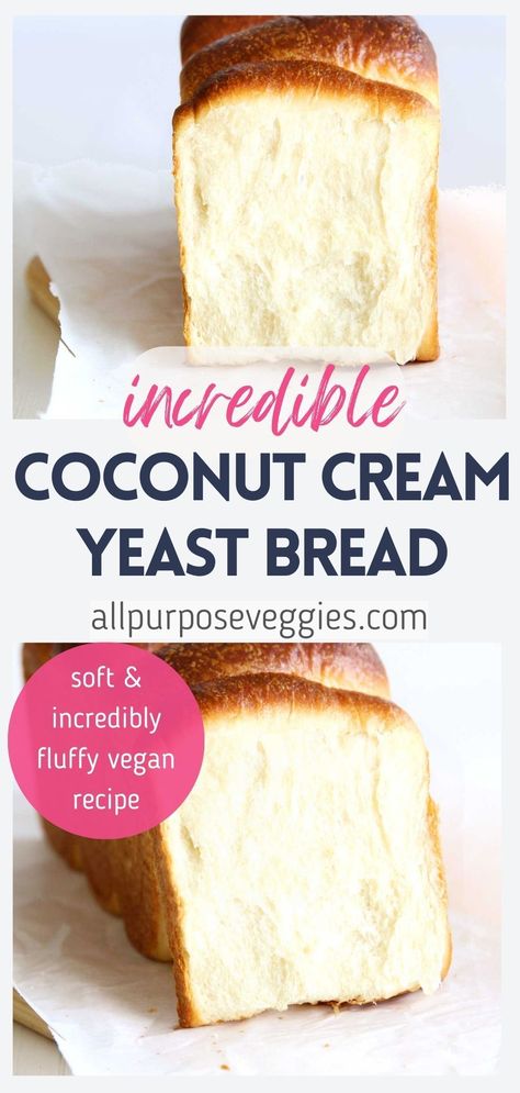 Are you looking for a really soft vegan yeast bread recipe, but don't know where to start? This incredibly tender & silky coconut cream yeast bread is the perfect homemade loaf to make for you and your family. The rich fats in the coconut cream contributes to a velvety soft bread texture and subtle coconut flavor, all without eggs, milk or butter! It’s a perfectly moist and flavorful loaf #yeastbread #sandwichbread #healthybaking #coconutcream #veganbread Grain Free Yeast Bread Recipe, Vegan White Bread, Coconut Flour Bread No Eggs, Coconut Milk Bread Recipes, Vegan Coconut Bread, Vegan Peach Bread, Gluten Free Vegan Bread Recipe, Vegan Milk Bread, Yeast Bread Recipes Easy